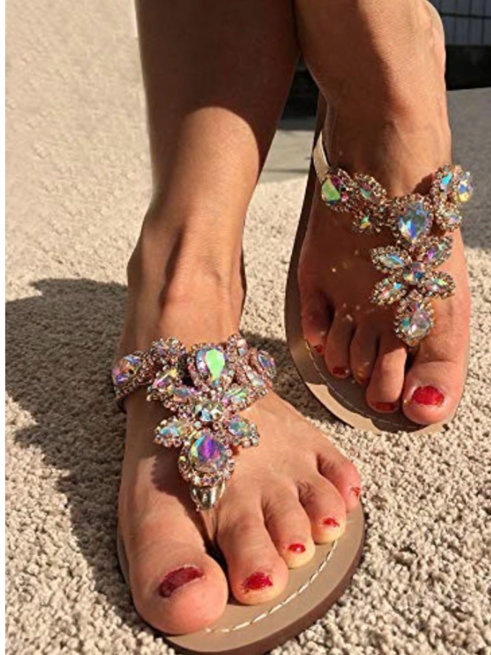 Hinyyrin Beige Jewel-Embellished Women’s Toe-Post Sandals, NWT